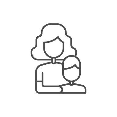 Anne ve oğul vektör ikonu. Mobil konsept ve web tasarımı için düz çizgi işareti. Anne ve çocuk el çizgisi simgesini tutuyor. Aile sembolü, logo illüstrasyonu. Vektör grafikleri