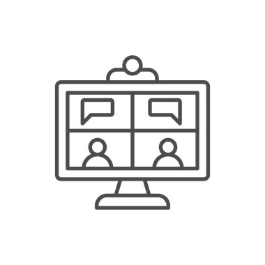 Video konferans taslağı, ana hatlar, sembol. Mobil konsept ve web tasarımı için doğrusal biçim işareti. Kullanıcı basit vektör simgesini izle. Sembol, logo çizimi. Piksel mükemmel vektör grafikleri