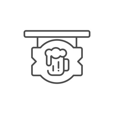 Bira tabelası vektör ikonu. Mobil konsept ve web tasarımı için düz çizgi işareti. Bira kupası ikonlu PUB tabelası. Sembol, logo çizimi. Vektör grafikleri