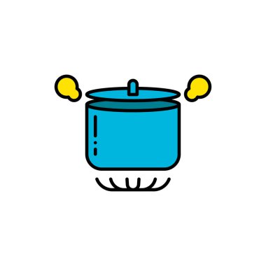 Gaz sobası vektör ikonunda kaynama kabı. Mobil konsept ve web tasarımı için renkli düz tabela. Kaynayan tencere dolu renk simgesi. Sembol, logo çizimi. Vektör grafikleri