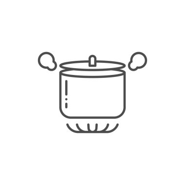 Gaz sobası vektör ikonunda kaynama kabı. Mobil konsept ve web tasarımı için düz tabela. Kaynayan tencere taslak simgesi. Sembol, logo çizimi. Vektör grafikleri