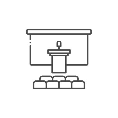 Konferans odası simgesi, satır ve katı versiyonu, ana hatları ve doldurulmuş vektör işareti, doğrusal ve tam piktogram beyaza izole edildi. Hoparlör podyum sembolü, logo illüstrasyonu