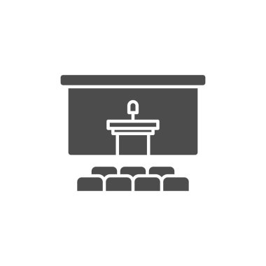 Konferans odası simgesi, satır ve katı versiyonu, ana hatları ve doldurulmuş vektör işareti, doğrusal ve tam piktogram beyaza izole edildi. Hoparlör podyum sembolü, logo illüstrasyonu