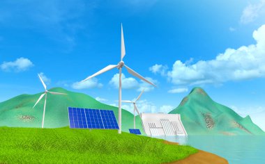 Enerji tasarrufu için doğal enerji kullanın, gezegeni sevin, çevreyi koruyun. Baraj gücü, rüzgar türbinleri, güneş pilleri, ampuller. 3D