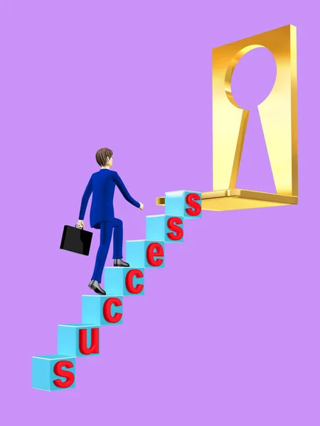 Üzletember Sétál Fel Lépcsőn Kinyit Kulcs Hogy Ajtó Siker — Stock Fotó