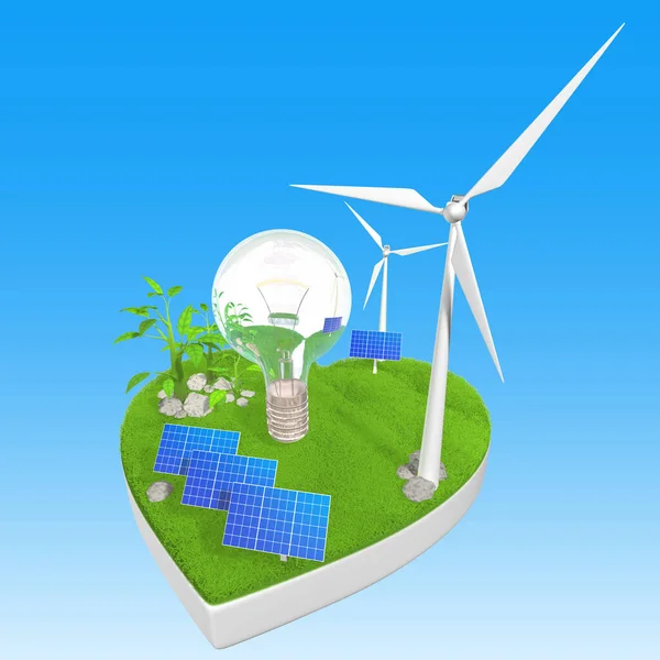 Energy saving Use natural energy, love the planet, protect the environment. Dam power, wind turbines, solar cells, light bulbs.3d