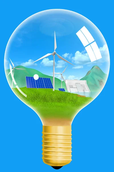 Energy saving Use natural energy, love the planet, protect the environment. Dam power, wind turbines, solar cells, light bulbs.3d
