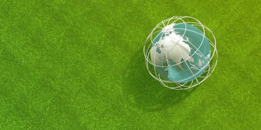 Etrafında kafes olan bir küre, onu korumak için, dışarıdaki yeşil çimlerin üzerine yerleştirilmiş. Küre, kuşatma, koruma, yeşil çimen, açık hava 3D çizim