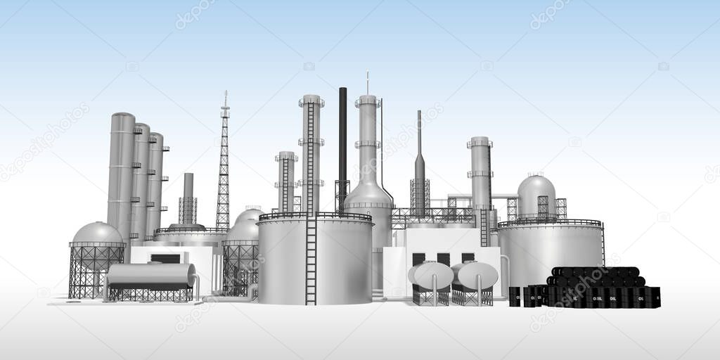crude oil trading market and expensive and rare oil refineries.Oil barrels, petroleum, fuel, Oil refinery, 3d illustration