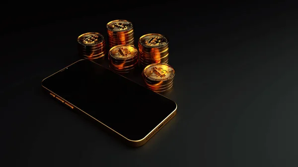 Bitcoin黄金のコイン デジタル通貨 暗号化の概念 お金と金融のシンボル ビットコインのスタックの横にある携帯電話 3Dレンダリング — ストック写真