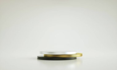 Podyum, kaide veya platform, kozmetik ürünlerin sunumu için arka plan. Üç boyutlu podyum. Reklamlar için 3D, altın elementli kırmızı podyum geometrisi. Ürün sunumu boş podyum.