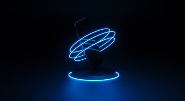 Minimalist modern telefon sunumu. Neon elementler. Teknolojik geçmiş. 3d oluşturma.