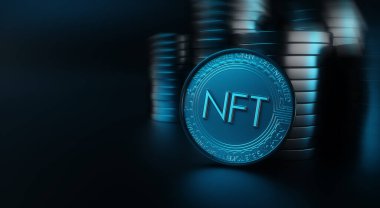 NFT iadesiz jeton. Şifreli para birimi. Dijital kriptoart. NFT sembollü üç boyutlu bir bozuk para. Dijital teknoloji konsepti. 3d illüstrasyon.