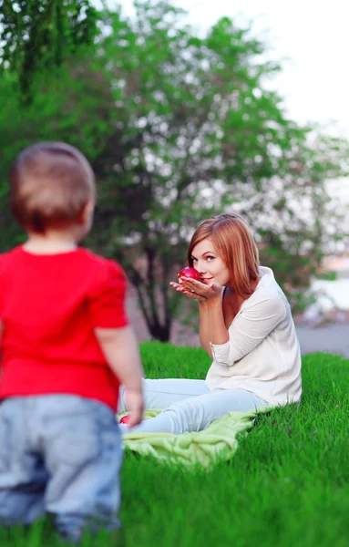 Mujer y niño en el parque. Picnic, almuerzo en canasta, trato. Familia de vacaciones —  Fotos de Stock