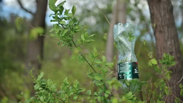 Plastiques, Masque, Déchets et déchets dans la nature posés dans la forêt par une journée froide et sombre d'hiver - les déchets se trouvent dans la forêt, la pollution de la nature, gros plan sur une journée sombre et gris foncé - les déchets de bouteilles en plastique dans la brousse — Video