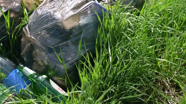 Un paquete de basura plástica se encuentra en el bosque en una carretera forestal, la contaminación de la naturaleza, la basura y la naturaleza, el sol, primer plano, cámara lenta — Vídeos de Stock