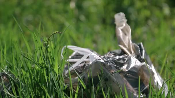 Un paquet de déchets plastiques se trouve dans la forêt sur une route forestière, la pollution de la nature, les ordures et la nature, le soleil, gros plan, ralenti — Video