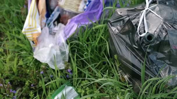 Een pakket plastic afval ligt in het bos op een bosweg, vervuiling van de natuur, afval en natuur, de zon, close-up, Slow motion — Stockvideo
