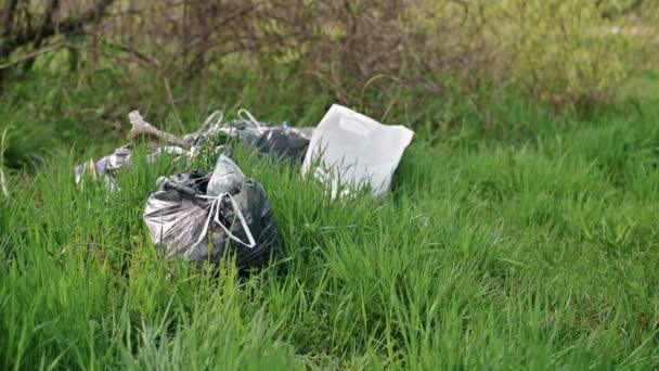Un pacchetto di rifiuti di plastica si trova nella foresta su una strada forestale, inquinamento della natura, spazzatura e natura, il sole, primo piano, rallentamento — Video Stock