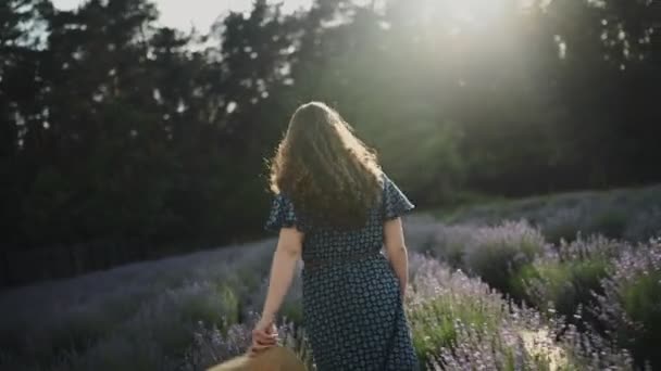 Good-looking curly blond woman posing at camera happy smiling, walking on lavander field, Roll 360 camera effect, Vortex, Slow motion — Stock Video