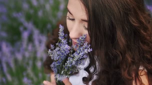 Retrato de cerca de una niña blanca olfateando flores de lavanda en un vestido brillante de verano, campo de lavanda — Vídeo de stock