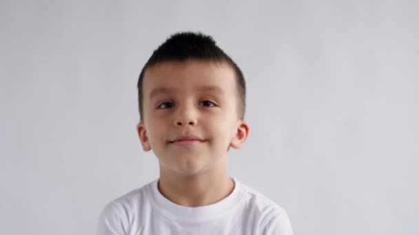 Portret Małego chłopca patrzącego w kamerę, Młode Śmieje się Szczęśliwie Dziecko w okularach Patrząc w kamerę, Zbliżenie, Dociekliwy Portret Małego Chłopca, Twarz Zabawne Kontemplacyjne Dziecko, 4k — Wideo stockowe
