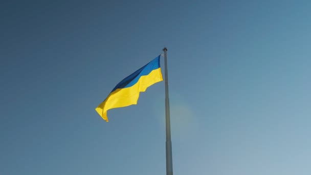 Die Fahne der Ukraine, eine Seidenfahne, weht vor dem Hintergrund des Nachthimmels an einem großen Fahnenmast. Zeitlupe — Stockvideo