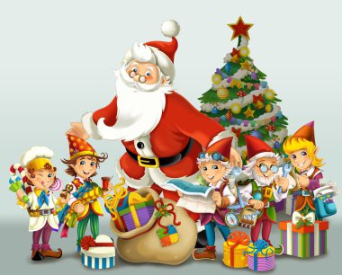 The santa claus - the christmas tree - and the dwarfs clipart