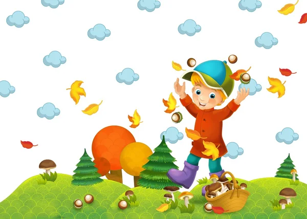 Dziecko w drewno ilustracja - grzybobranie- — Zdjęcie stockowe