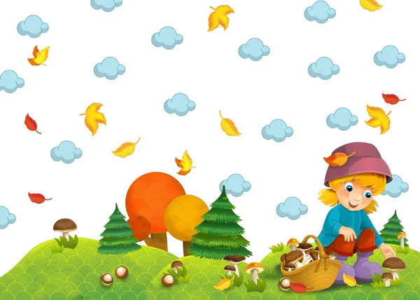 A criança na floresta - cogumelo - ou ilustração de outono — Fotografia de Stock