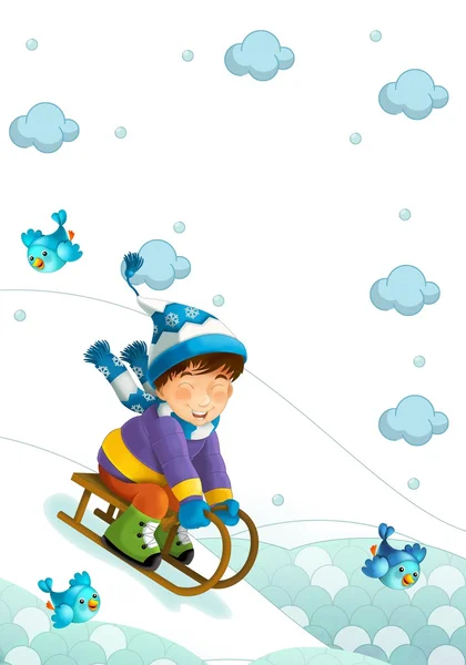 A criança no inverno no trenó — Fotografia de Stock