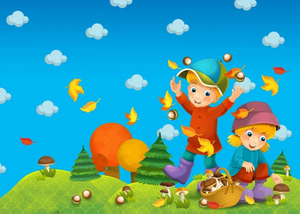 Il bambino nel bosco - fungo - o illustrazione autunnale — Foto Stock