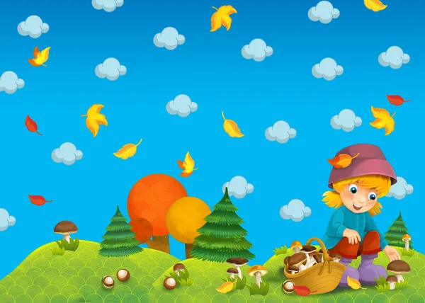 Dziecko z drewna - grzybobranie - lub ilustracja jesień — Zdjęcie stockowe