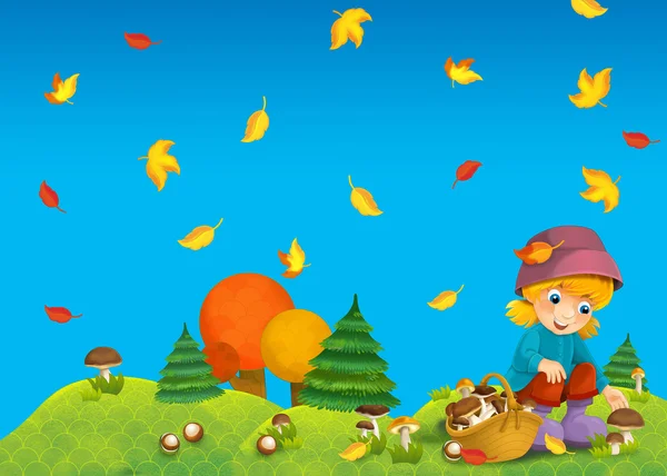 A criança na floresta - cogumelo - ou ilustração de outono — Fotografia de Stock