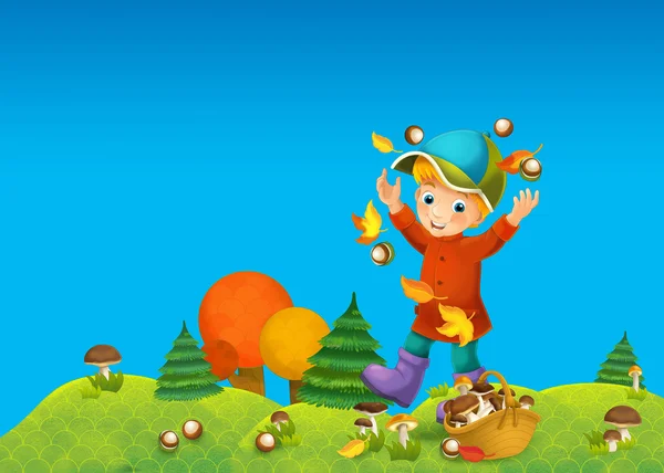 Дитина в лісі гриб осінь ілюстрація — стокове фото