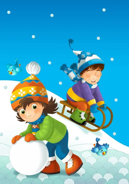 Los niños en el juego en la nieve - ilustración para los niños —  Fotos de Stock