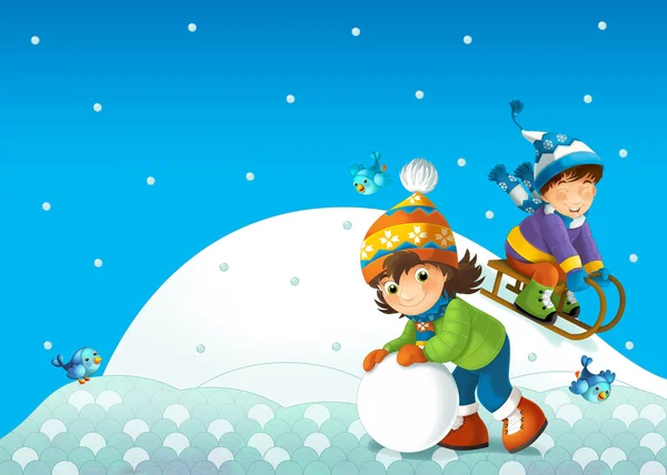 Τα παιδιά στο παιχνίδι στο χιόνι - εικονογράφηση για τα παιδιά — Φωτογραφία Αρχείου