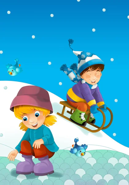 Los niños en el juego en la nieve - ilustración para los niños —  Fotos de Stock
