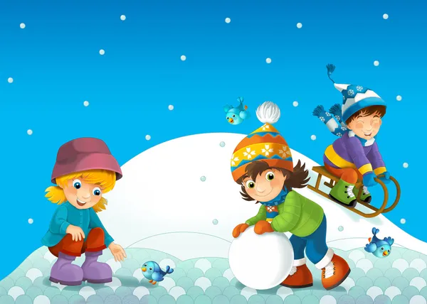 Dzieci podczas zabawy na śniegu - ilustracja dla dzieci — Zdjęcie stockowe