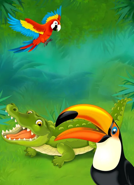 Desenhos animados tropicais. crocodilo e papagaios — Fotografia de Stock