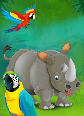 karikatür tropikal veya safari. Gergedan ve papağan