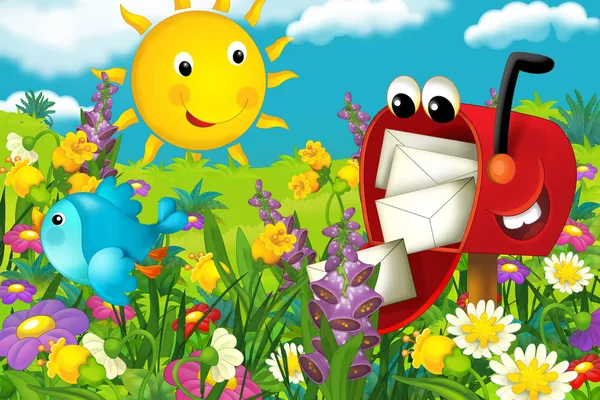 Счастливая и красочная иллюстрация поля и почтового ящика для детей — стоковое фото