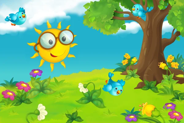 The happy and colorful illustration of sun with glasses for the children — Stock Photo, Image