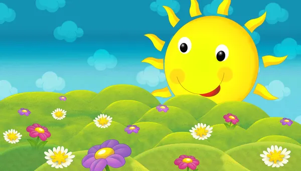 Ilustrasi yang bahagia dan berwarna-warni tentang lapangan dan matahari tersenyum untuk anak-anak Stok Gambar Bebas Royalti