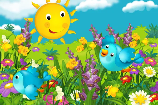 The happy and colorful illustration of sunny day with bird for the children — Stock Photo, Image