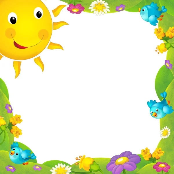 Bingkai bahagia dan berwarna-warni dengan lapangan dan matahari untuk anak-anak. dengan spasi untuk teks Stok Gambar