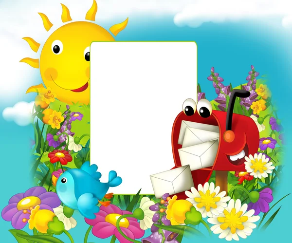 Gelukkig en kleurrijke frame met veld en postbox voor de kinderen. met ruimte voor tekst — Stockfoto