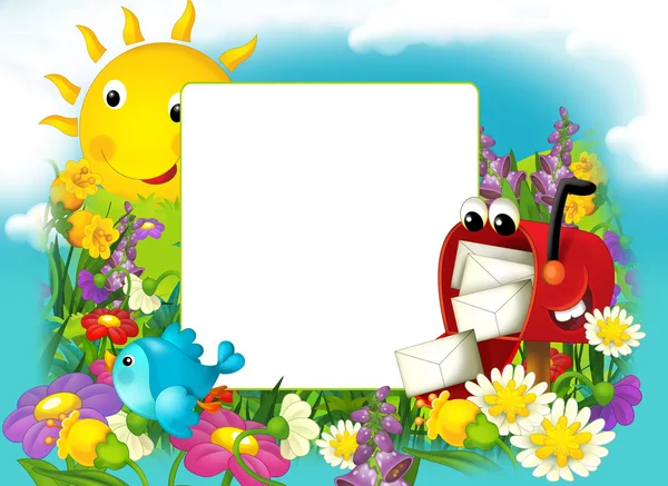Happy and colorful frame with field and postbox for the children. with space for text — Stock Photo, Image