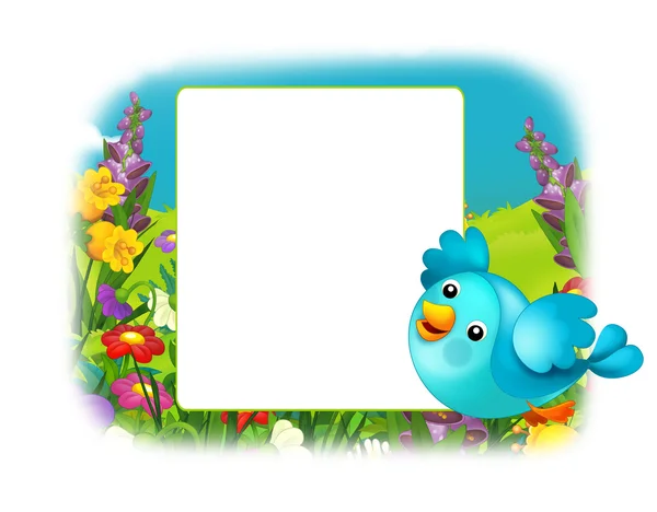 Der fröhliche und bunte Rahmen für die Kinder mit Vögeln und Blumen und Platz für Texte — Stockfoto