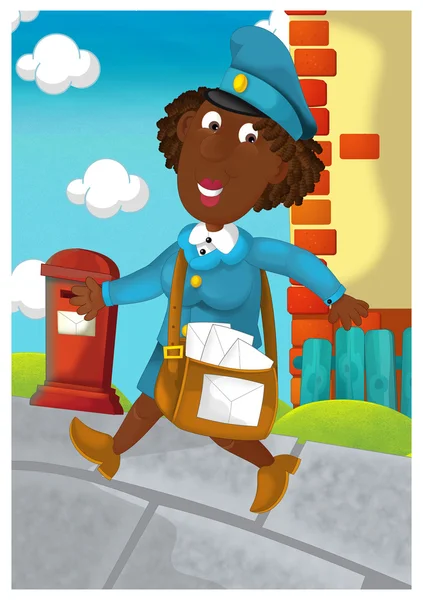 Post žena doručování pošty. kreslený styl obrázku — Stock fotografie